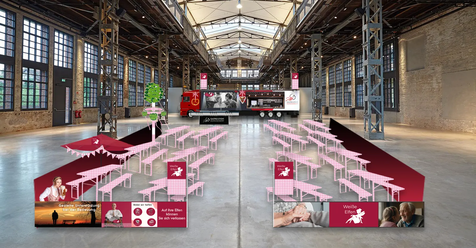 Beispiel-Aufbau in einer Werkshalle mit langen Biertischreihen